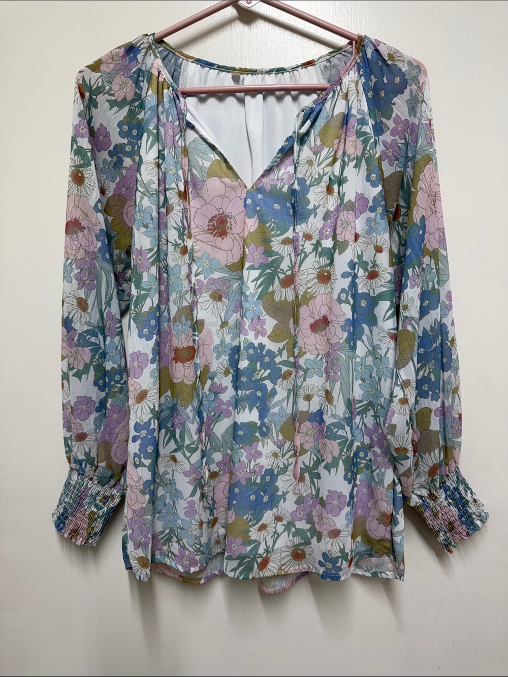 SHEIN Pastel Floral Peasant Top - Pink, Blue, Green